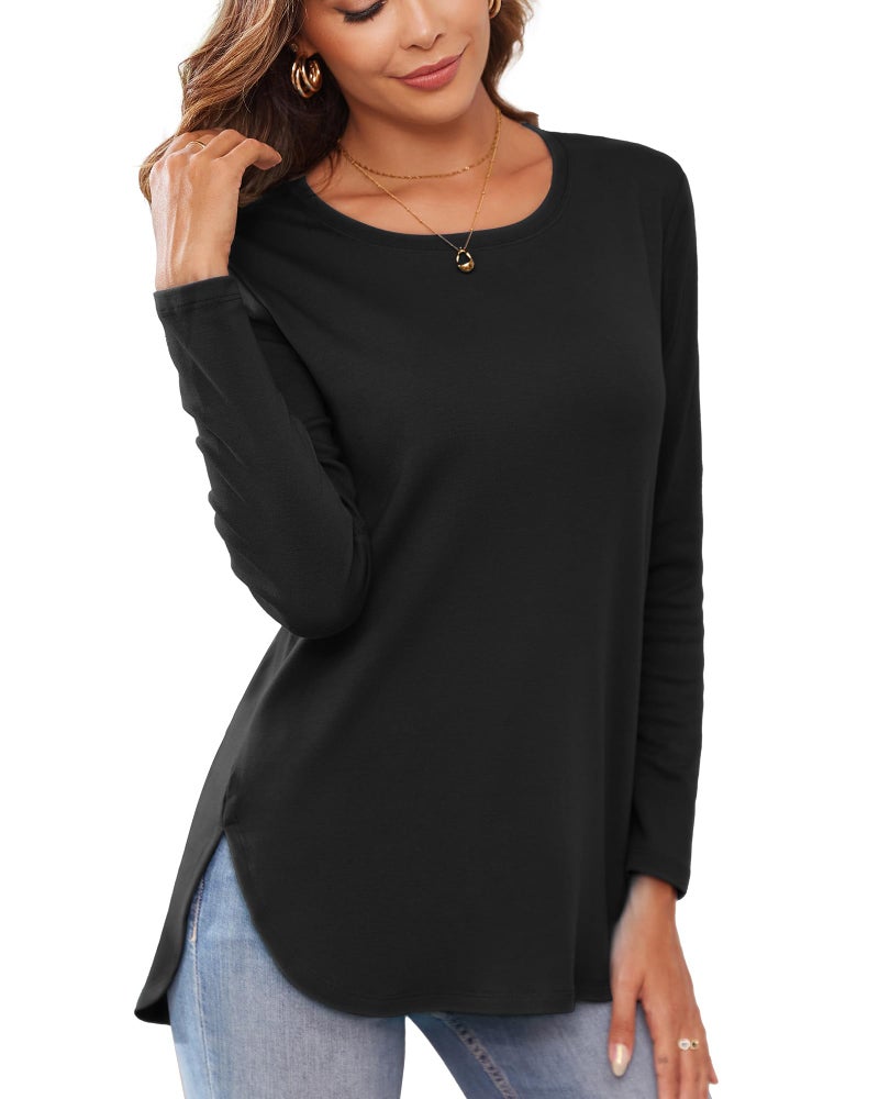 Herou Women's Casual Long Sleeve T Shirt Crewneck With Side Split Fall Pullover Loose Tunic Sweater Tops Black Large - Image 1