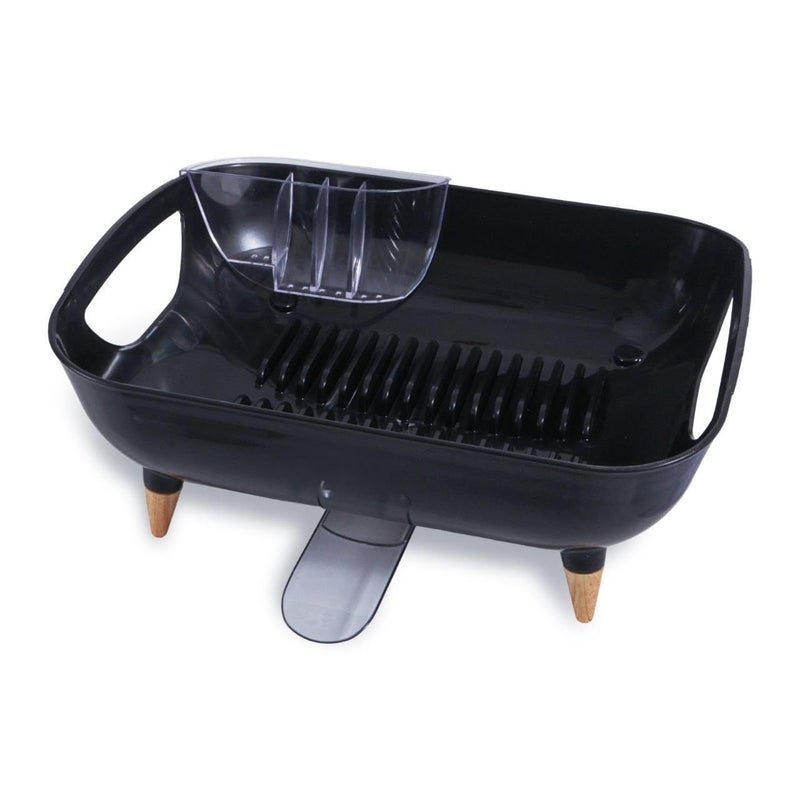 Generic Dish Drying Rack with Wooden Legs, Black, Plastic and Acrylic, with Spoon Strainer, .bs