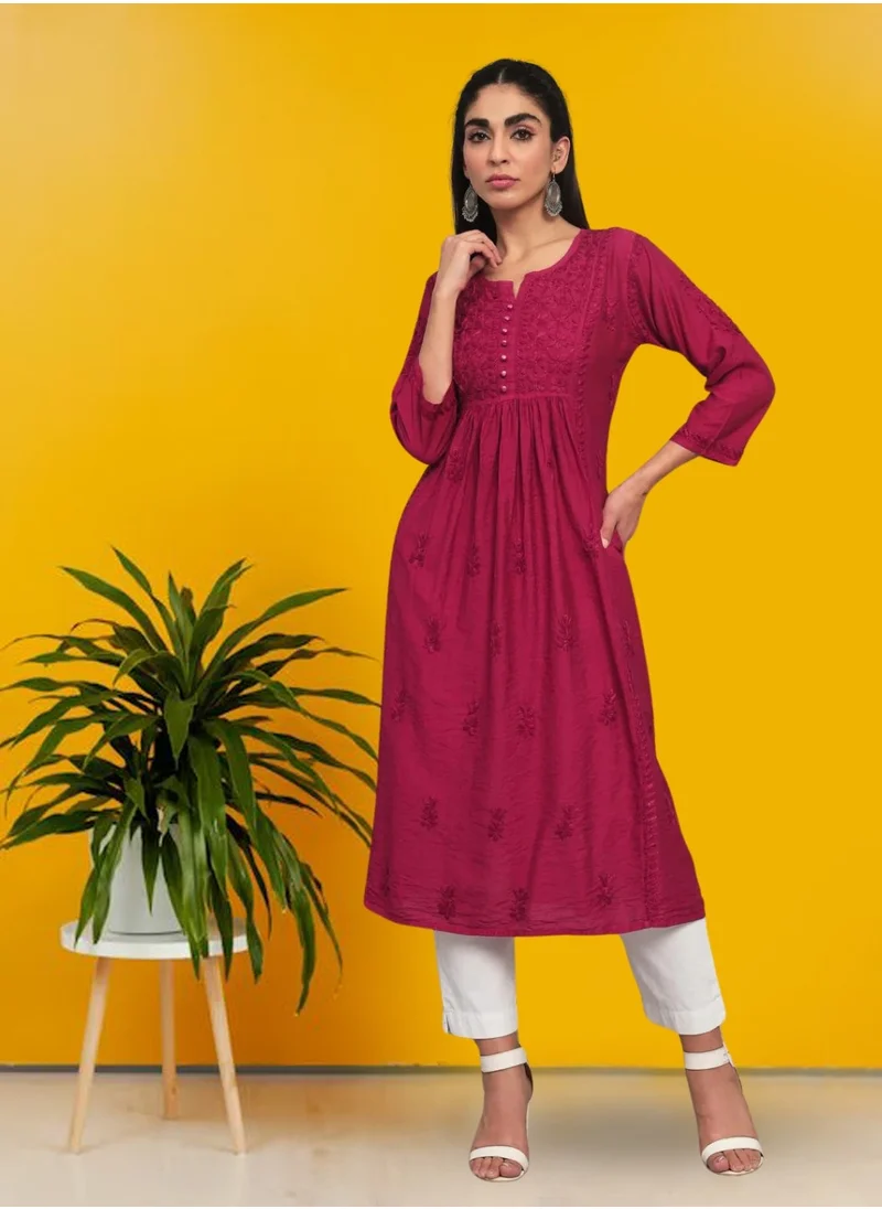 Alaya Hand Embroidered Chikankari Cotton Chanderi A-Line Kurta-AL3608