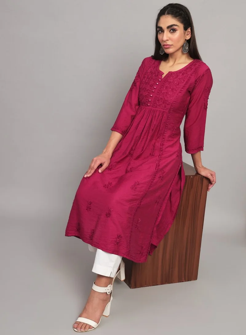 Alaya Hand Embroidered Chikankari Cotton Chanderi A-Line Kurta-AL3608