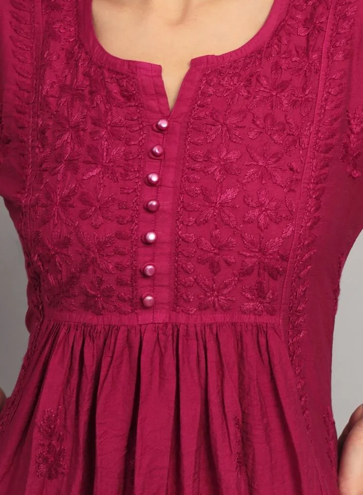 Alaya Hand Embroidered Chikankari Cotton Chanderi A-Line Kurta-AL3608