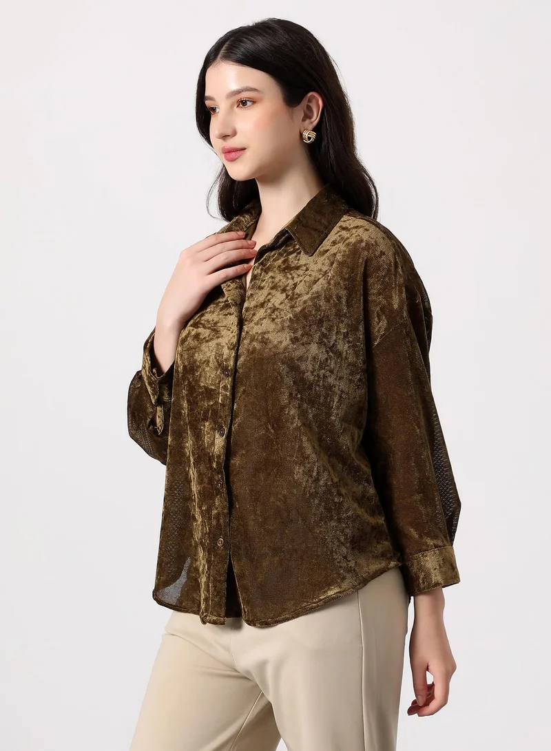 Pinacolada Women's Coffee Brown Solid Velvet Oversized Shirt Women's Coffee Brown Solid Velvet Oversized Shirt for Women | Best Price UAE