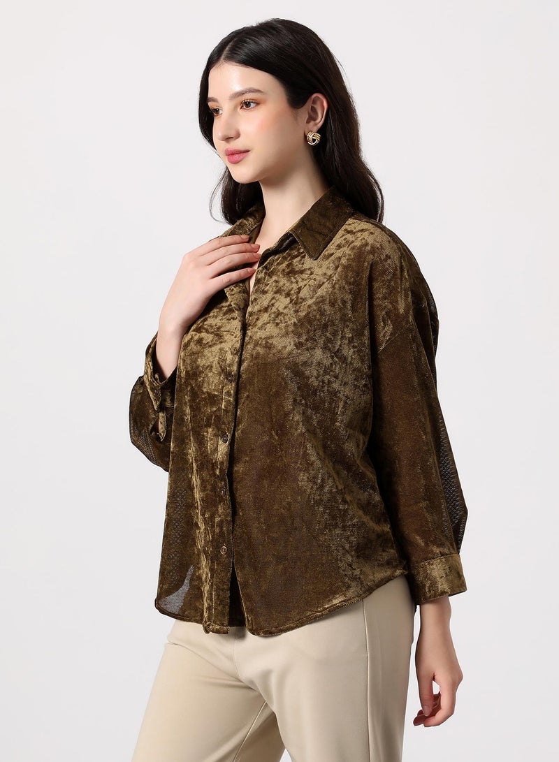 PINACOLADA Women's Coffee Brown Solid Velvet Oversized Shirt - Image 3