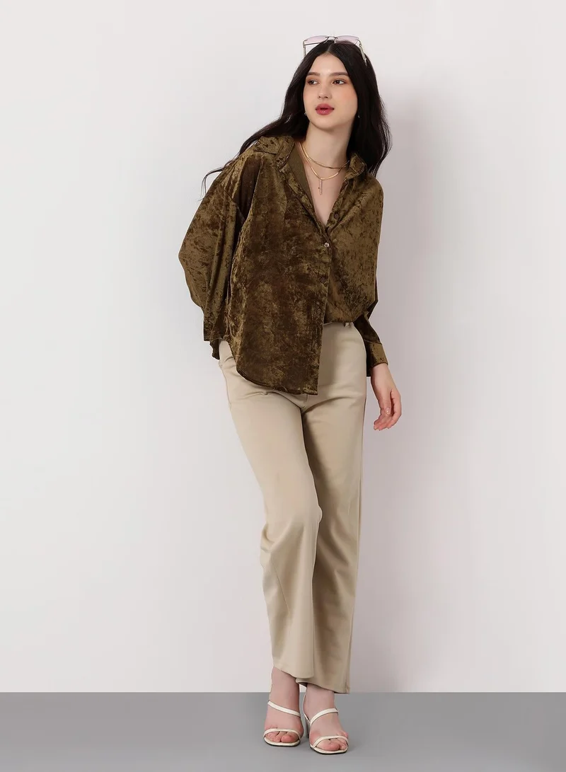 Pinacolada Women's Coffee Brown Solid Velvet Oversized Shirt Women's Coffee Brown Solid Velvet Oversized Shirt for Women | Best Price UAE