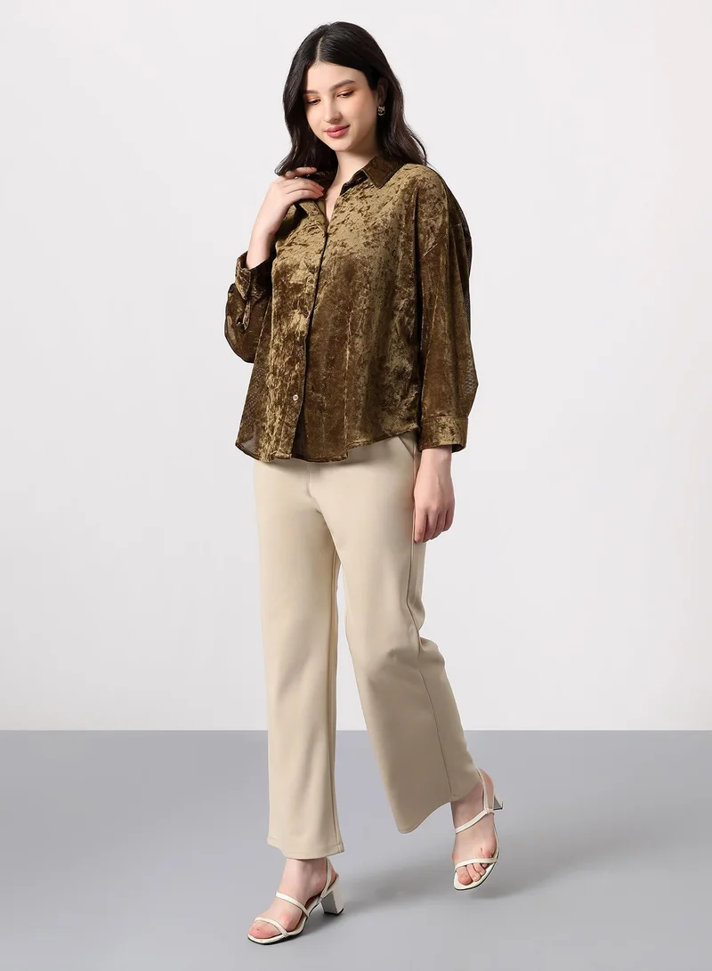 Pinacolada Women's Coffee Brown Solid Velvet Oversized Shirt Women's Coffee Brown Solid Velvet Oversized Shirt for Women | Best Price UAE