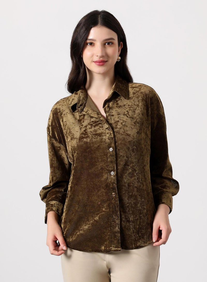 PINACOLADA Women's Coffee Brown Solid Velvet Oversized Shirt - Image 1