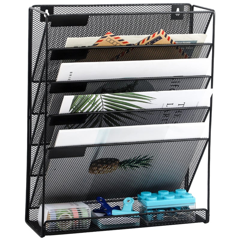 EASEPRES Desk File Organizer Mesh 6Tier Hanging Wall Mount Document Organization Stand Desktop Vertical Mail Paper Folder Holder Rack with Bottom Tray for Office Home Cubicle Countertop Black