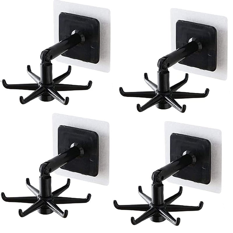 NOBILEA Folding Hook Self-Adhesive 180 Degrees Vertical and 360-Degree Rotating 5 Claw Hooks for Bathroom, Kitchen, Office etc.. (Black & White)(Pack of 4) - Image 1