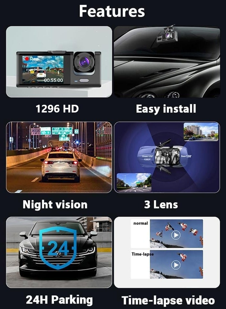 Dash Cam Black Box Three High Quality Cameras High Resolution Video and Audio Recording - Image 2