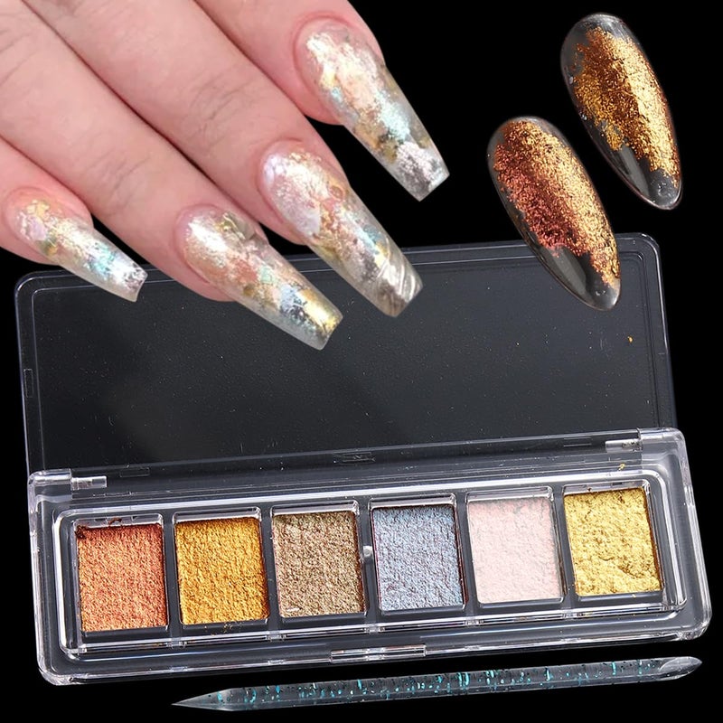 Fcozpjk Metallic Nail Art Glitter Set, 6 Colors Gold Flakes for Nails, Mud Texture, Gold Leaf Chameleon Chrome Flakes, Golden Foils Nail Art Decoration, Professional Manicure Supplies - Image 1
