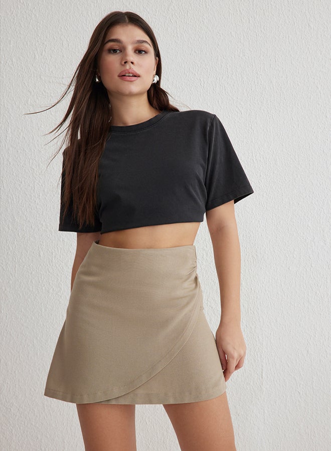 trendyol Grey Linen Look with Gathered Detail Mini Size Weaving Skirt - Image 3