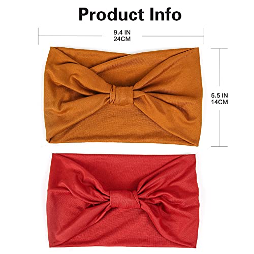 GiLi 2 Pack Wide Headbands for Women Boho African Knotted Non Slip Fashion Hair Bands Yoga Running Sports Workout Gym Head Wraps Elastic Soft Cotton Cloth Turbans Bandana for Girls (Brown,Red) - Image 4