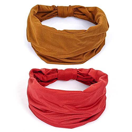 GiLi 2 Pack Wide Headbands for Women Boho African Knotted Non Slip Fashion Hair Bands Yoga Running Sports Workout Gym Head Wraps Elastic Soft Cotton Cloth Turbans Bandana for Girls (Brown,Red) - Image 1