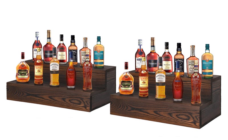 TIRYIUOU Liquor Bottle Display Shelf, 2 Pack Wood Bar Shelves, Tabletop Wine Rack, Bottle Stand for Liquor Display, Home Bar Display - Image 1