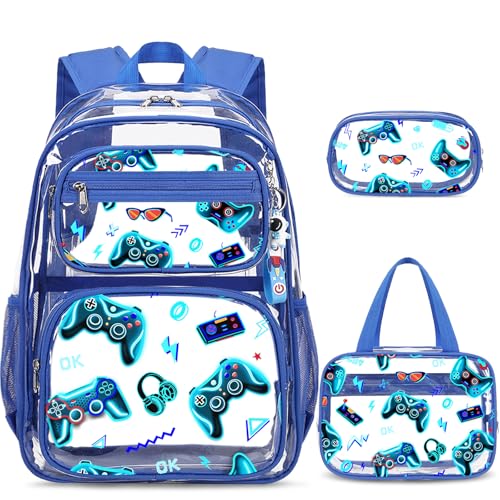ACESAK Clear Backpack for Boys 3 Pcs Game Heavy Duty with Lunch Bag See Through Backpack Clear Bookbag Stadium Approved for Kids Middle High College School Travel Blue Games - Image 1