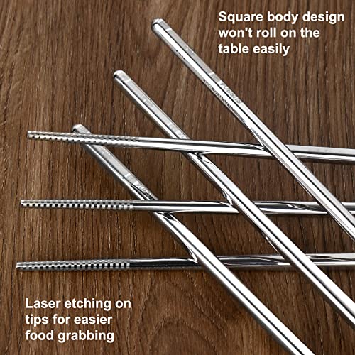 YTLX Premium Stainless Steel Metal Chopsticks, Reusable Silver Chopsticks Dishwasher Safe, Square Lightweight Non-Slip Chop Sticks Easy to Use for Home Kitchen Hotel Restaurant (Stainless steel, 8.7) - Image 4