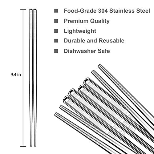 YTLX Premium Stainless Steel Metal Chopsticks, Reusable Silver Chopsticks Dishwasher Safe, Square Lightweight Non-Slip Chop Sticks Easy to Use for Home Kitchen Hotel Restaurant (Stainless steel, 8.7) - Image 2