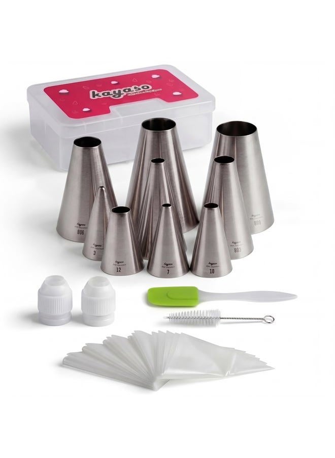 Kayaso 9 Piece Round Piping Tip Set with 20 Disposable Decorating Bags , Stainless Steel Pastry Tips, Graduated Sizes - Image 1