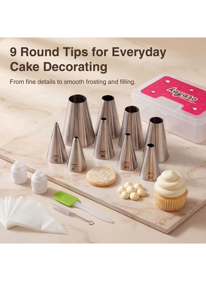 Kayaso 9 Piece Round Piping Tip Set with 20 Disposable Decorating Bags , Stainless Steel Pastry Tips, Graduated Sizes - Image 2