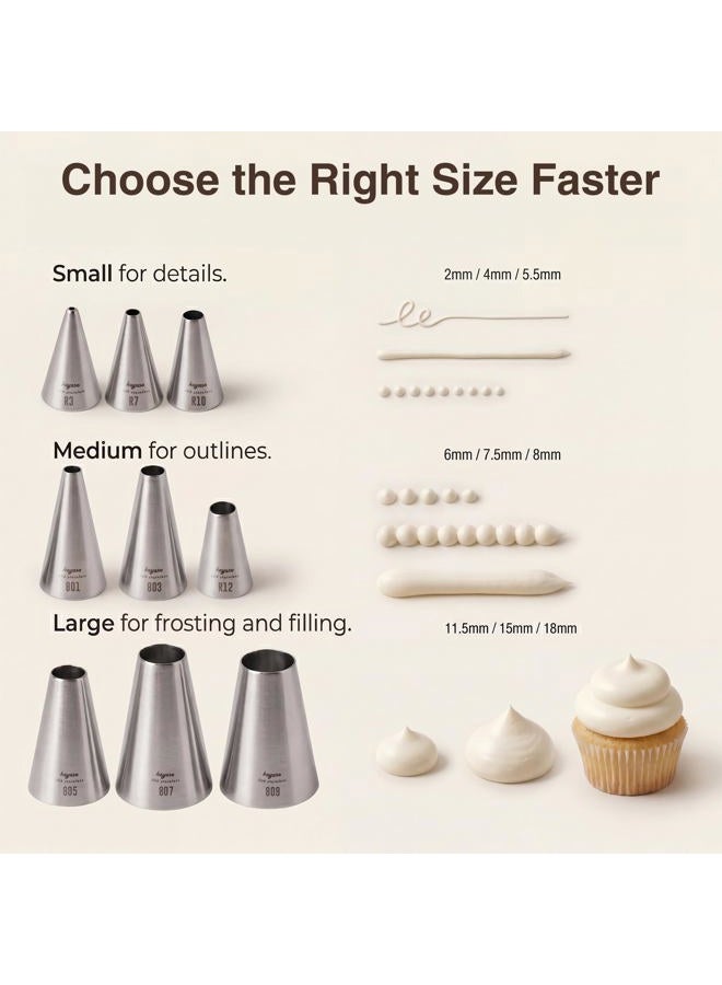 Kayaso 9 Piece Round Piping Tip Set with 20 Disposable Decorating Bags , Stainless Steel Pastry Tips, Graduated Sizes - Image 3
