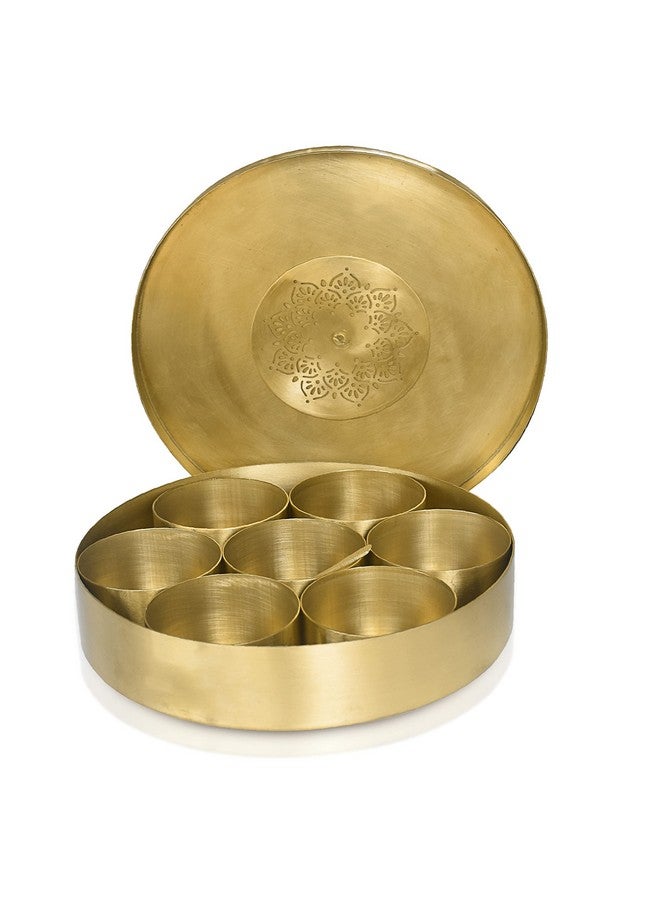 Pure Source India Brass Spice Box Set For Kitchen With Spoon (7 Containers,125 ml Each) with 1 spoon - Image 1