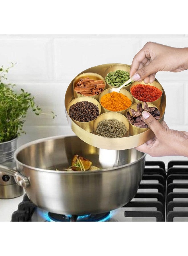 Pure Source India Brass Spice Box Set For Kitchen With Spoon (7 Containers,125 ml Each) with 1 spoon - Image 2