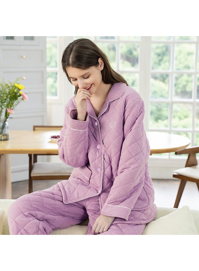 MEIBIAO American Standard Autumn Winter New Three-layer Thickened Quilted Couple Pajamas Men And Women Casual Homewear Warm Set Pink Rose Red 2XL - Image 1