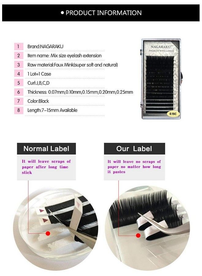 NAGARAKU Eyelash Extensions Individual Faux Mink Classic 715Mm Mix Tray Matte Black Soft Natural 16 Rows (0.07 Thickness C Curl)  - Image 3
