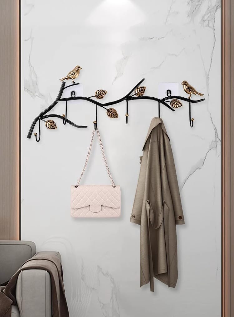 Primst Vintage Metal Wall Mounted Coat Rack with 7 Hooks Birds on Tree Branch Wall Hanger Hook Rack for Keys Hats Coats Towels Scarves 7 Hooks - Image 5