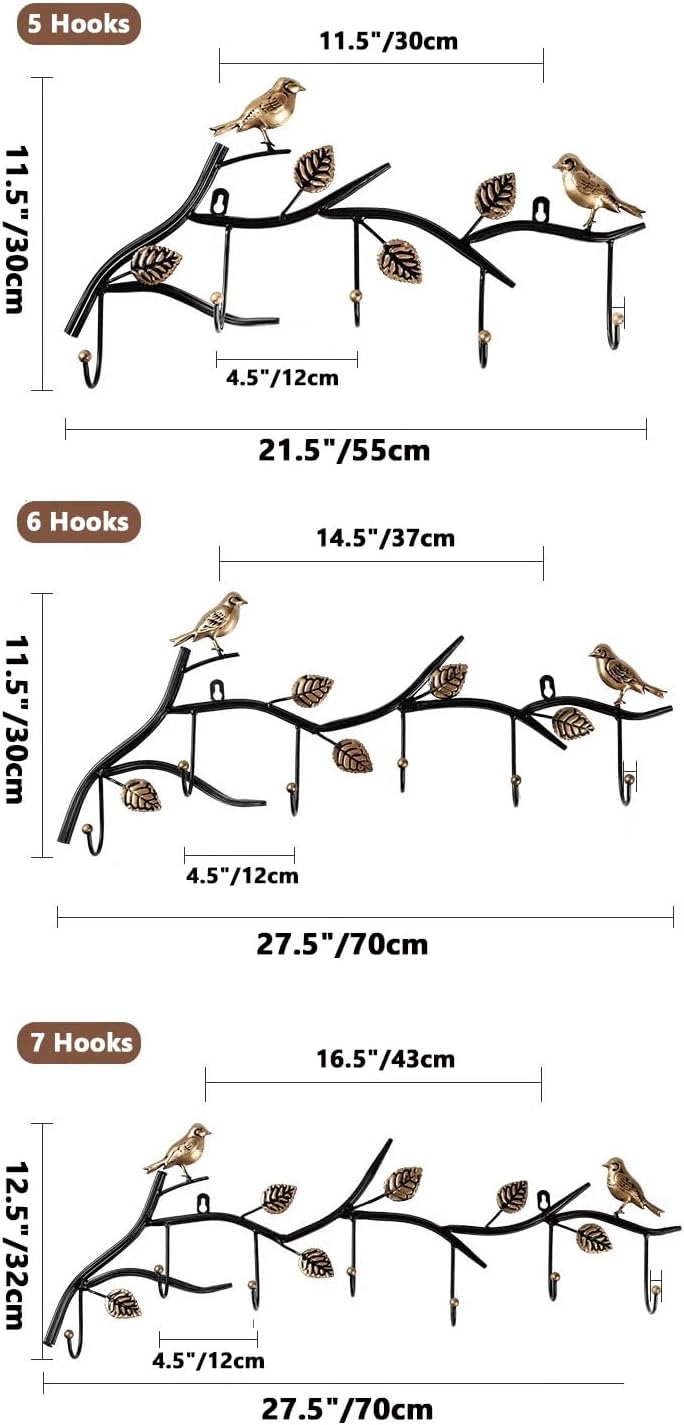 Primst Vintage Metal Wall Mounted Coat Rack with 7 Hooks Birds on Tree Branch Wall Hanger Hook Rack for Keys Hats Coats Towels Scarves 7 Hooks - Image 4