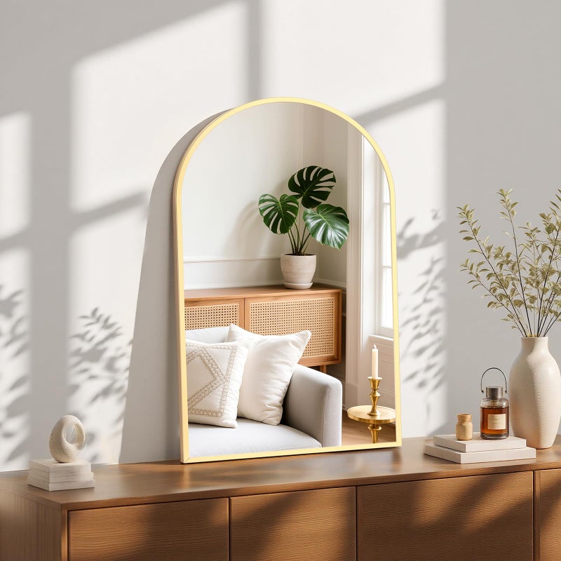 NEWBULIG 22X30 Inch Arched Bathroom Mirror for Wall, Vanity Bathroom Mirrors for Over Sink Tempered Glass, Anti-Rust Arched Metal Framed, Hangs Horizontally or Vertically, Farmhouse Home Decor, Gold - Image 1