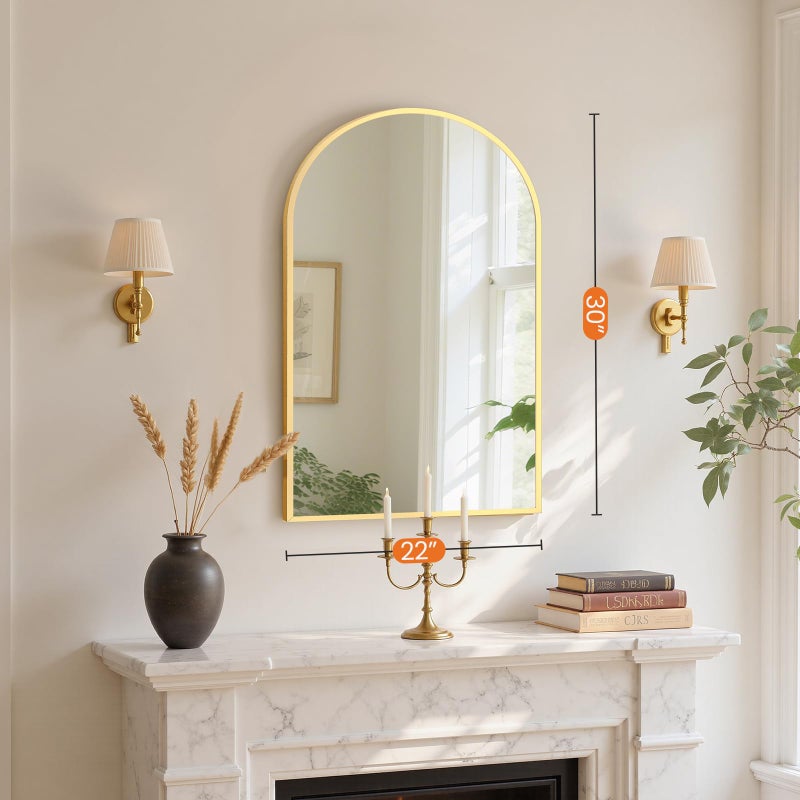 NEWBULIG 22X30 Inch Arched Bathroom Mirror for Wall, Vanity Bathroom Mirrors for Over Sink Tempered Glass, Anti-Rust Arched Metal Framed, Hangs Horizontally or Vertically, Farmhouse Home Decor, Gold - Image 5