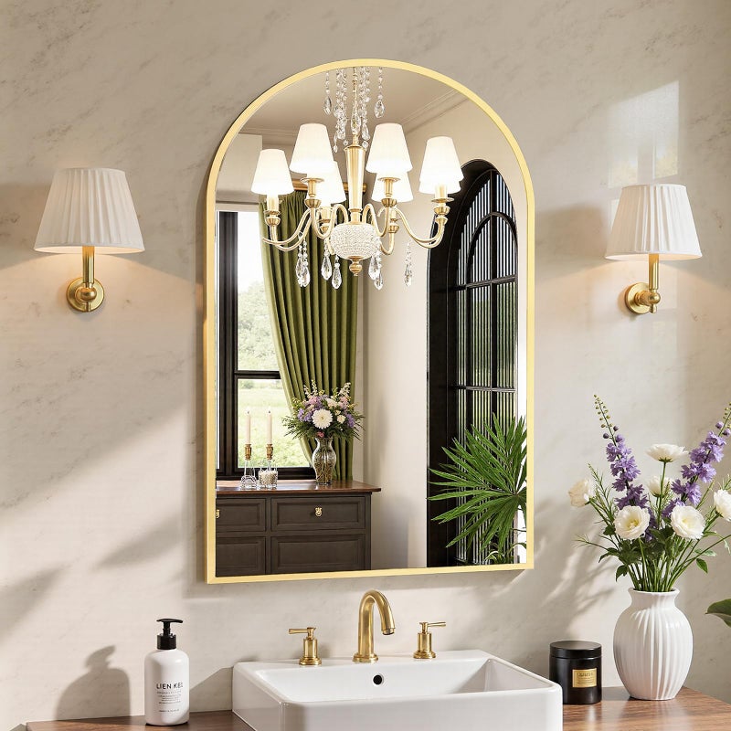 NEWBULIG 22X30 Inch Arched Bathroom Mirror for Wall, Vanity Bathroom Mirrors for Over Sink Tempered Glass, Anti-Rust Arched Metal Framed, Hangs Horizontally or Vertically, Farmhouse Home Decor, Gold - Image 2