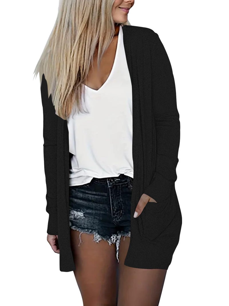 DB MOON Womens Long Cardigan Light Weight Sweater Long Sleeve Lightweight Open Front Fall Outfits with Pockets Black 01 - Image 2