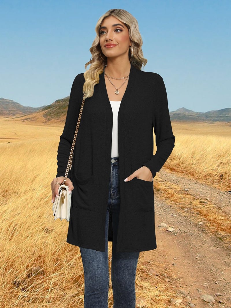 DB MOON Womens Long Cardigan Light Weight Sweater Long Sleeve Lightweight Open Front Fall Outfits with Pockets Black 01 - Image 3