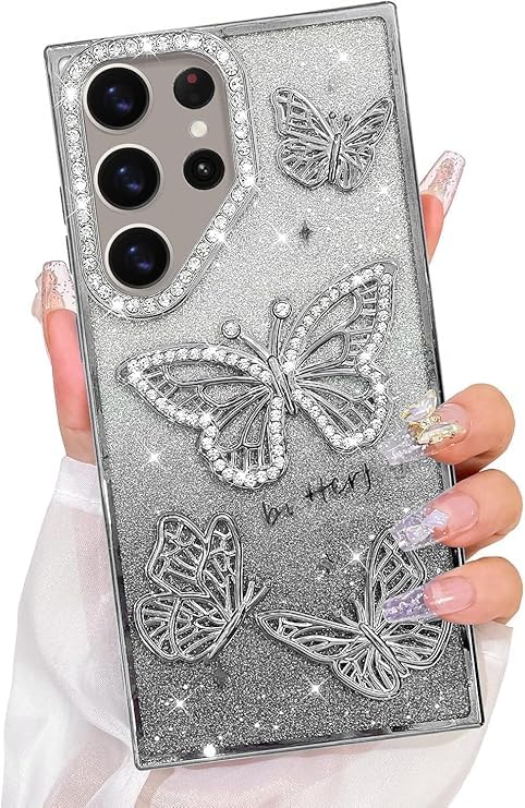Elzzi Electroplated Butterfly Phone Cover for Samsung S25 Ultra Case, Showcasing Pearlescent Diamond Soft TPU, Camera Protection, Shockproof, Drop-Resistant Stylish for Girls & Women (Silver) - Image 1
