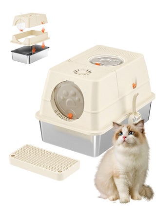 Closed stainless steel cat litter box with lid, 36Lextra large side entry top exit large cat litter box, high sides can accommodate multiple large cats, with double filter pedals and scoop, high sides are non-stick and leak-proof, metal cat litter box will never absorb odors (Beige) - pzsku/ZFE5AB0829BEFE0C4047EZ/45/1743088846/4d3b2def-3fa8-4017-99ff-4f88fb5ee87c