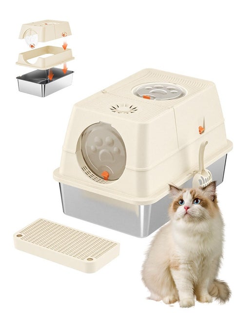 Closed stainless steel cat litter box with lid, 36Lextra large side entry top exit large cat litter box, high sides can accommodate multiple large cats, with double filter pedals and scoop, high sides are non-stick and leak-proof, metal cat litter box will never absorb odors (Beige)