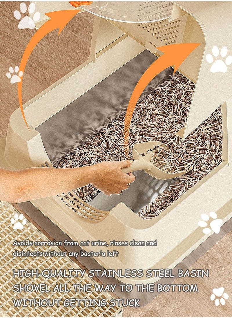 بت صندوق فضلات قطط من الستانلس ستيل مع غطاء، صندوق معدني كبير جدًا بجوانب عالية مع مجرفة فضلات  - Image 2