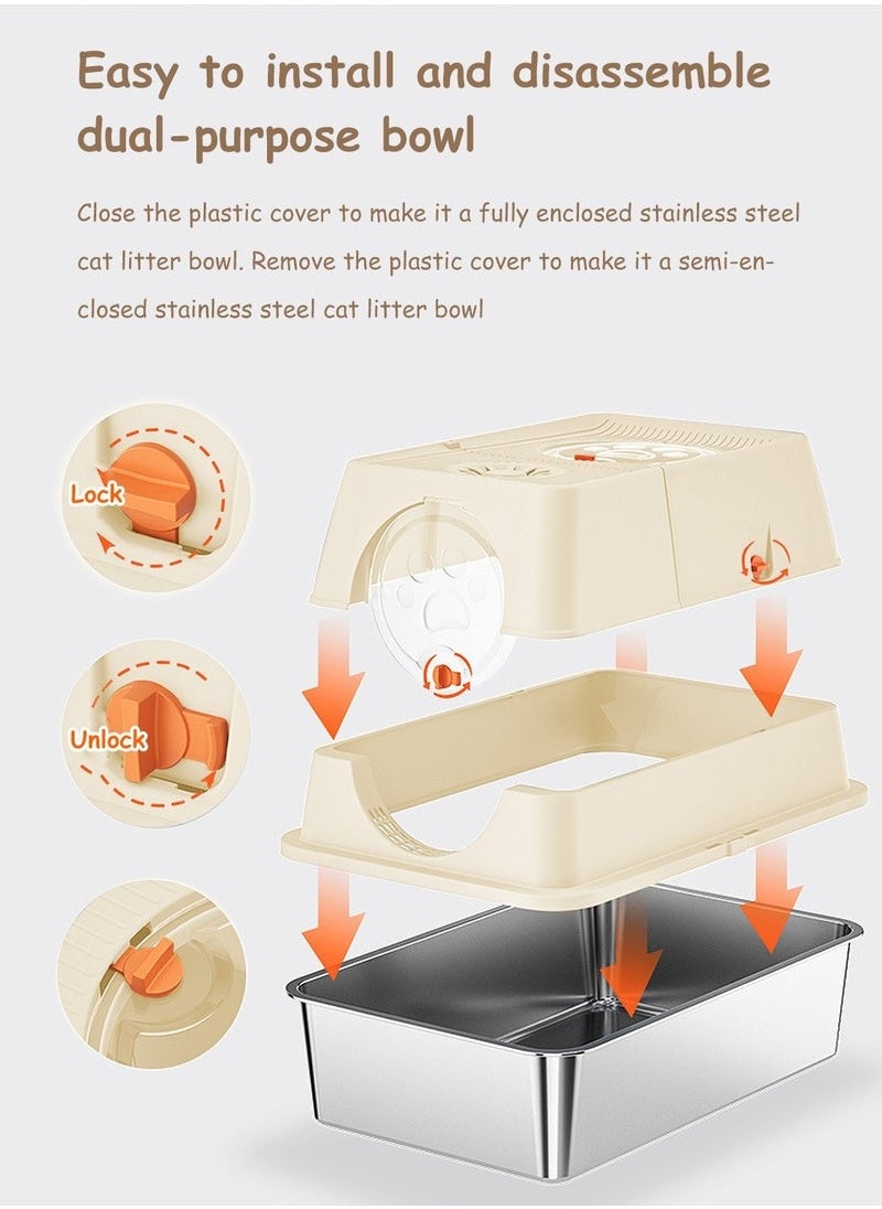 Closed stainless steel cat litter box with lid, 36Lextra large side entry top exit large cat litter box, high sides can accommodate multiple large cats, with double filter pedals and scoop, high sides are non-stick and leak-proof, metal cat litter box will never absorb odors (Beige)