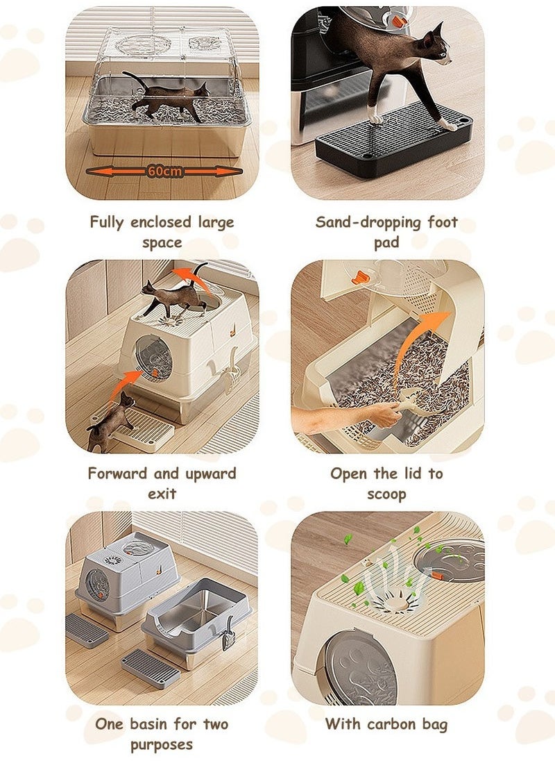 Closed stainless steel cat litter box with lid, 36Lextra large side entry top exit large cat litter box, high sides can accommodate multiple large cats, with double filter pedals and scoop, high sides are non-stick and leak-proof, metal cat litter box will never absorb odors (Beige)