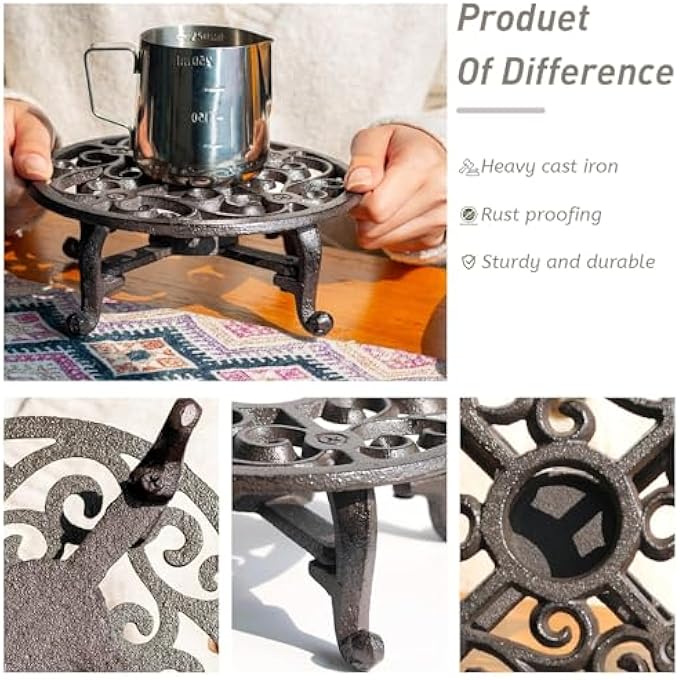 كاست ويف طبق تسخين إبريق الشاي المصنوع من الحديد الزهر مع حامل شمعة صغيرة وحامل شموع مزخرف عالي التحمل للمطبخ والحديقة والحفلات مقاس 7 بوصات - Image 5