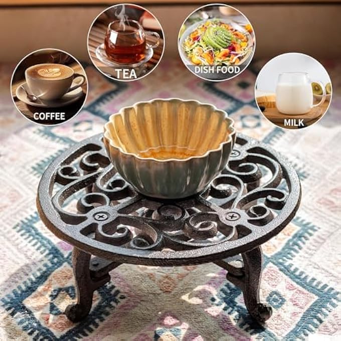 كاست ويف طبق تسخين إبريق الشاي المصنوع من الحديد الزهر مع حامل شمعة صغيرة وحامل شموع مزخرف عالي التحمل للمطبخ والحديقة والحفلات مقاس 7 بوصات - Image 3