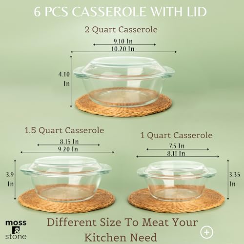 Moss & Stone 6-Piece Clear Glass Casserole Dishes for Oven With Lids, Durable Tempered Borosilicate Glass Bakeware Set, Microwave Safe, 3 Round Sizes for Cooking, Serving & Storage - Image 2