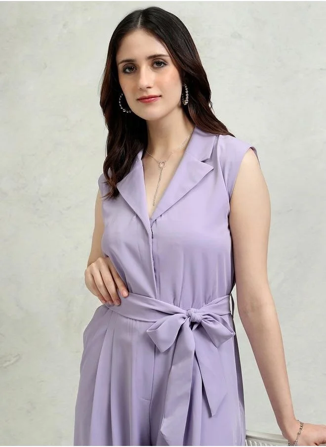 Tokyo Talkies Tokyo Talkies Solid Collared Culotte Leg Jumpsuit with Waist Tie-Up Detail