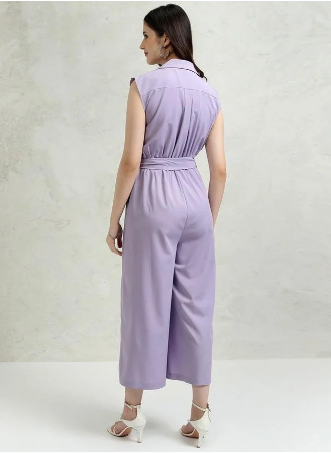 Tokyo Talkies Tokyo Talkies Solid Collared Culotte Leg Jumpsuit with Waist Tie-Up Detail