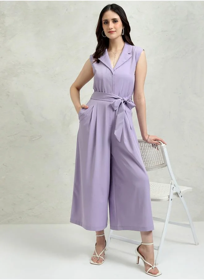 Tokyo Talkies Solid Collared Culotte Leg Jumpsuit with Waist Tie-Up Detail