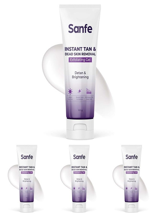 Sanfe Instant Tan & Dead Skin Removal Exfoliating Gel | Visibly Removes Tan | AHA Exfoliation in Minutes | Smooth & Bright Skin | 100g (Pack of 4)