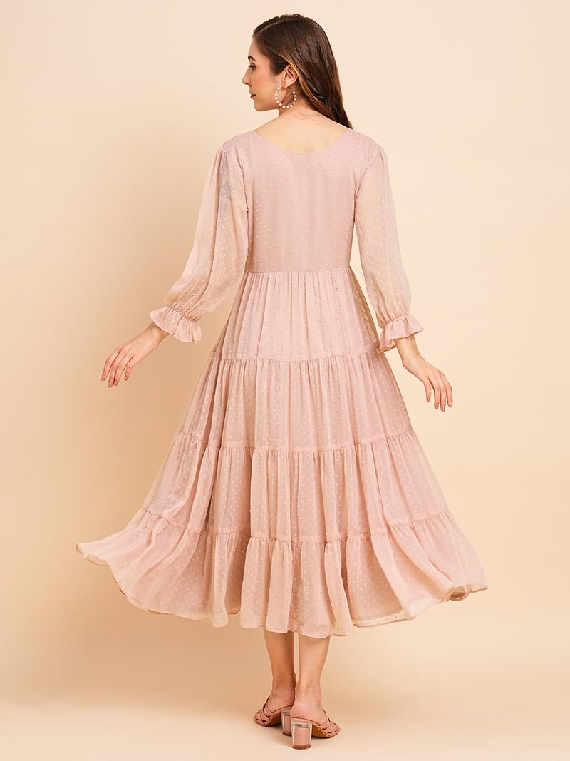 RATAN Women's Floral Embroidered Puff Sleeve Chiffon Flared Tiered Regular Fit Kurta Gown Maxi Dress (BTF-ONN-S_Onion Pink), Small - Image 3