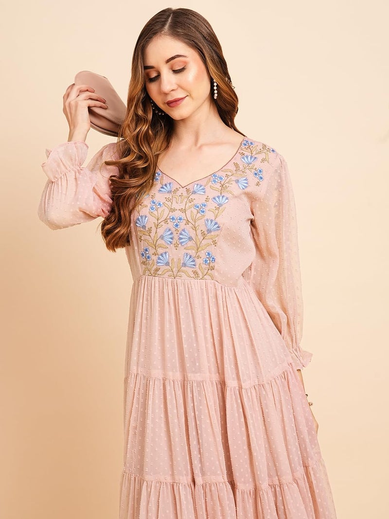 RATAN Women's Floral Embroidered Puff Sleeve Chiffon Flared Tiered Regular Fit Kurta Gown Maxi Dress (BTF-ONN-S_Onion Pink), Small - Image 2